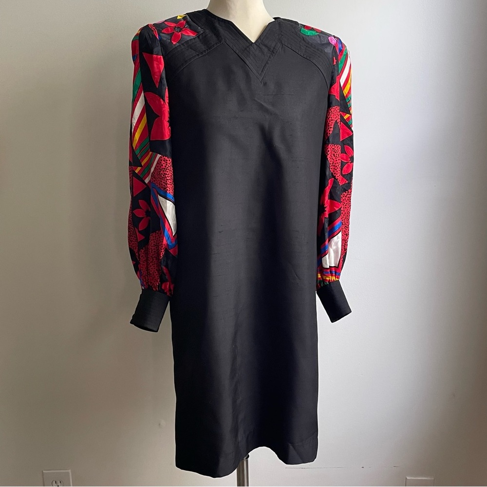 Vintage 80s Anne Crimmins Umi Collections Black Silk Dress Print Sleeves Size 6
